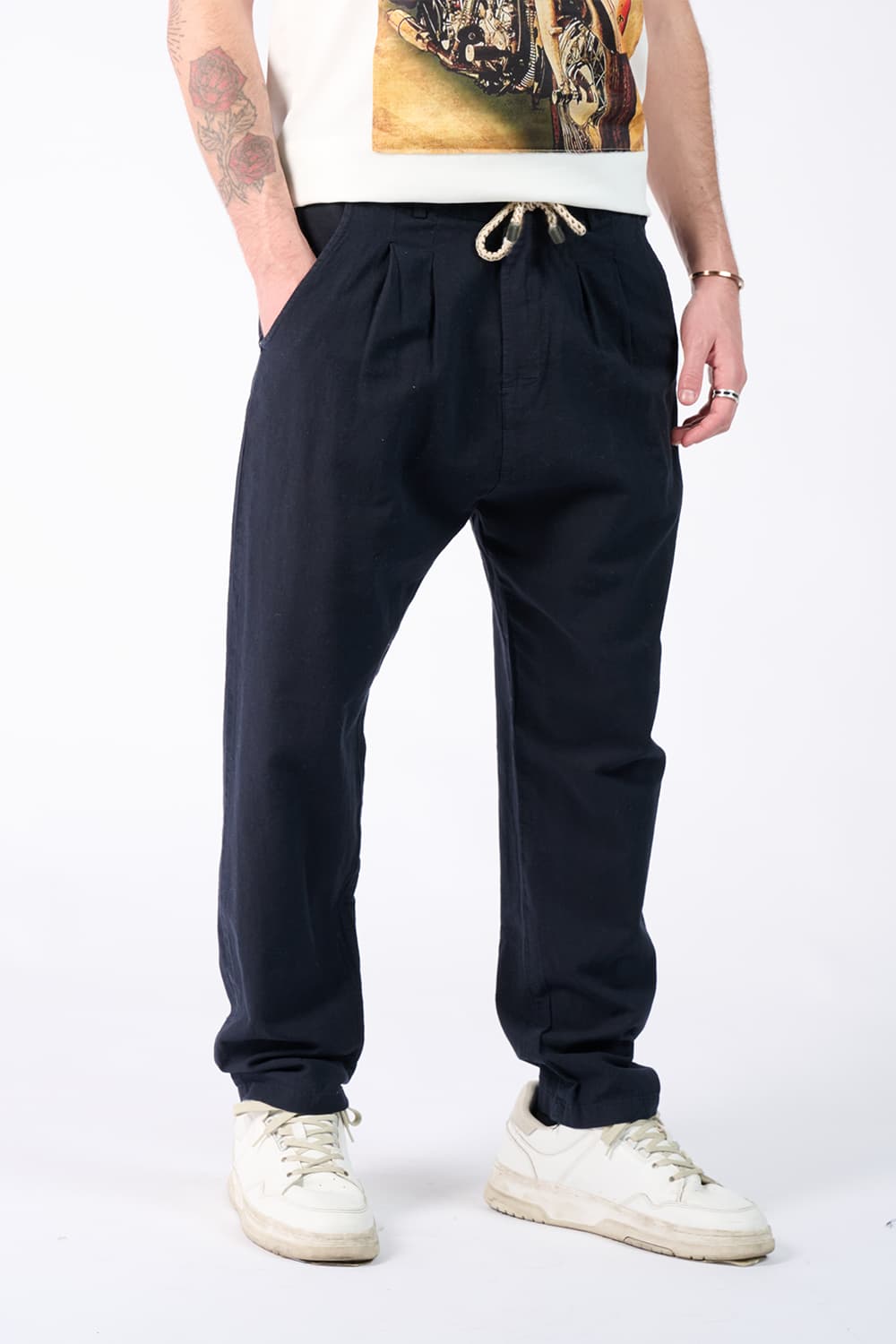 Pantaloni Lino con Bottone| Barone Firenze