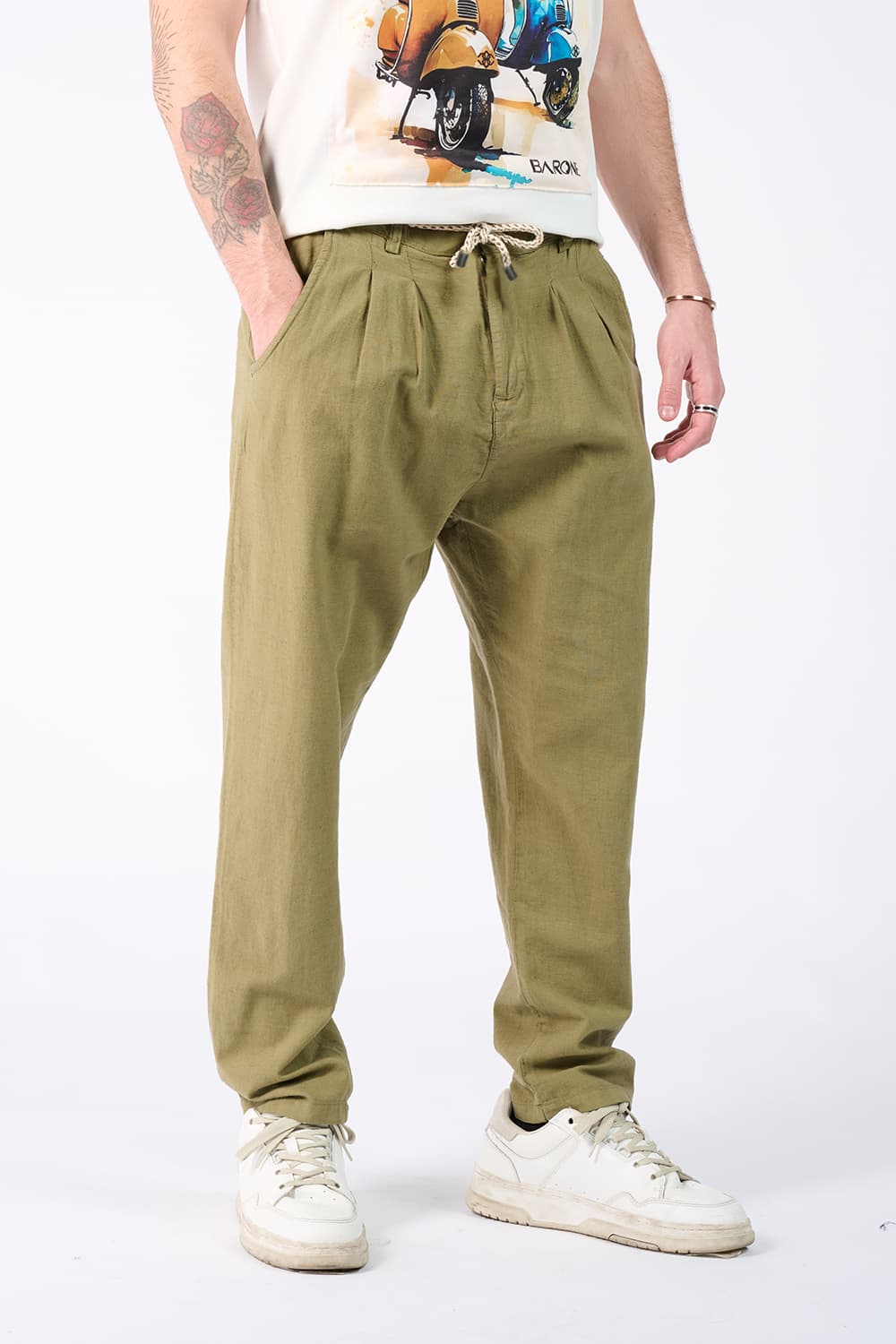 Pantaloni Lino con Bottone| Barone Firenze