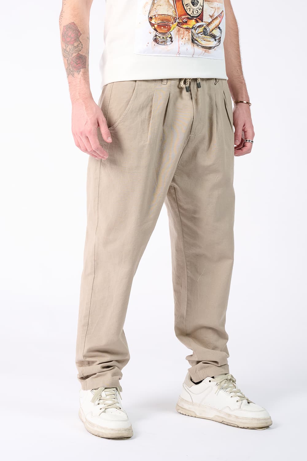 Pantaloni Lino con Bottone| Barone Firenze