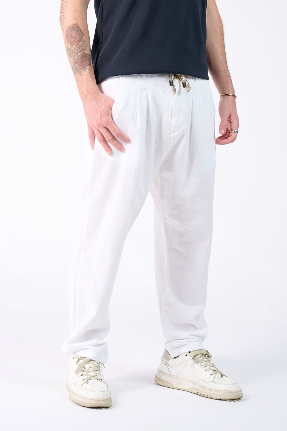 Pantaloni Lino con Bottone| Barone Firenze