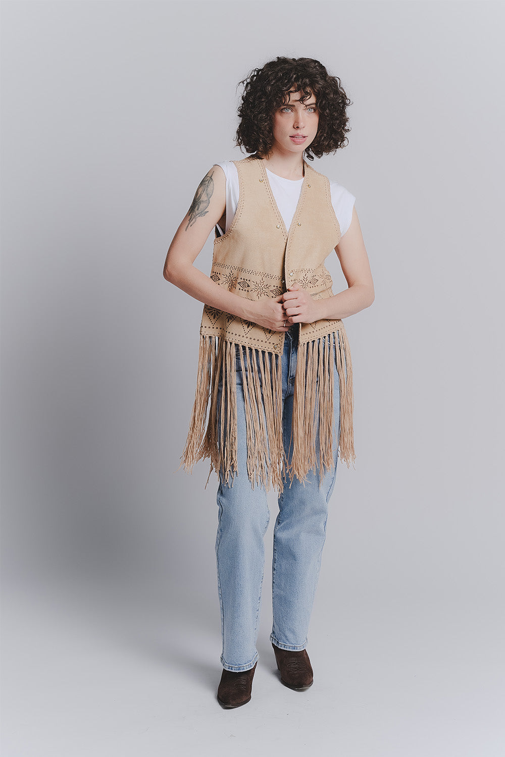 Embroidered Leather Vest Tan woman Barone firenze - 2
