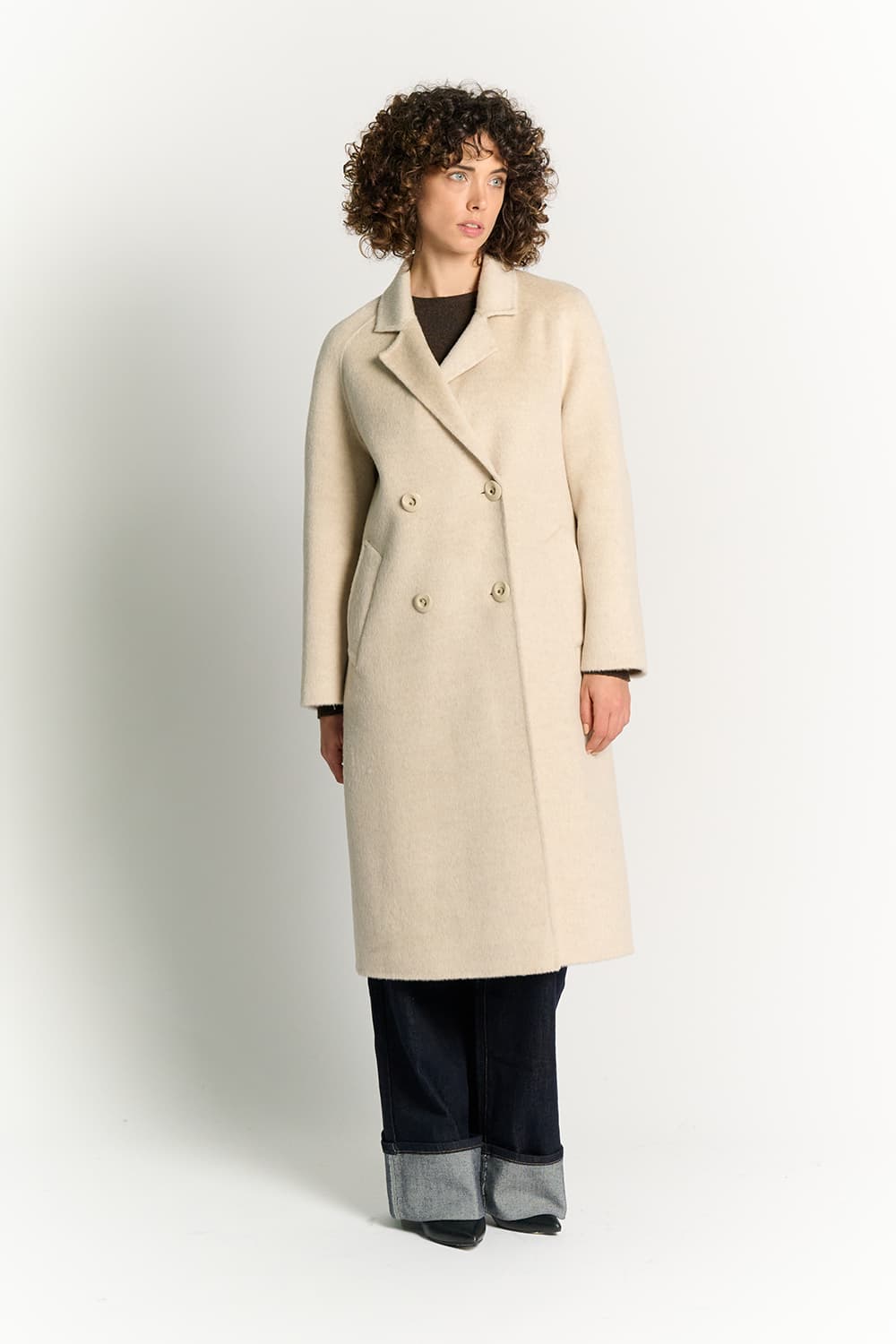 Beige Double-Breasted Alpaca Coat donna Barone firenze - 2