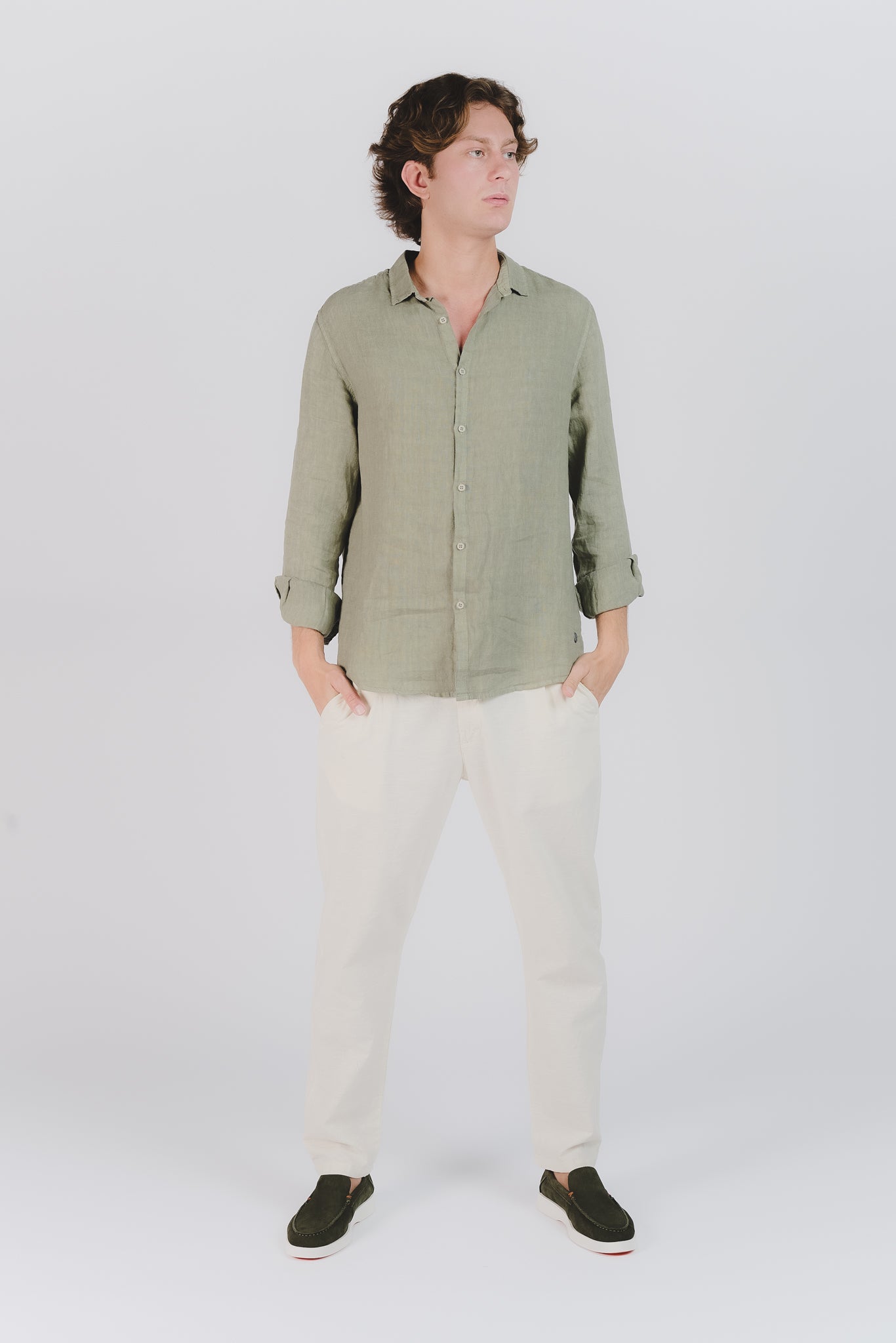 Camicia Uomo Lino Verde Militare man Barone firenze - 2