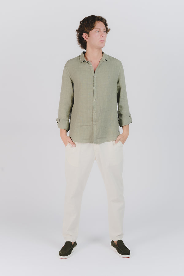 Camicia Uomo Lino Verde Militare man Barone firenze