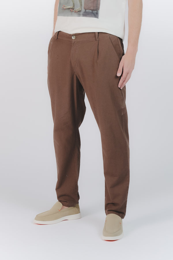 Pantaloni Lino con Bottone Cioccolato man Barone firenze
