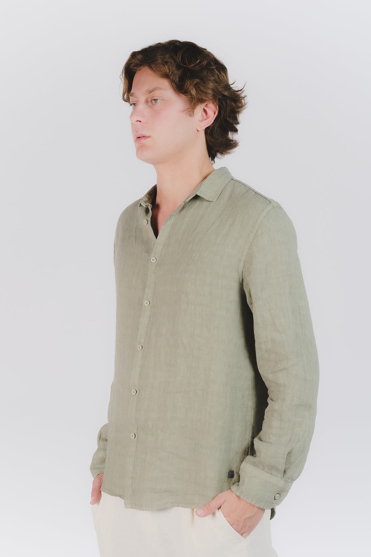 Camicia Uomo Lino Verde Militare man Barone firenze - 1