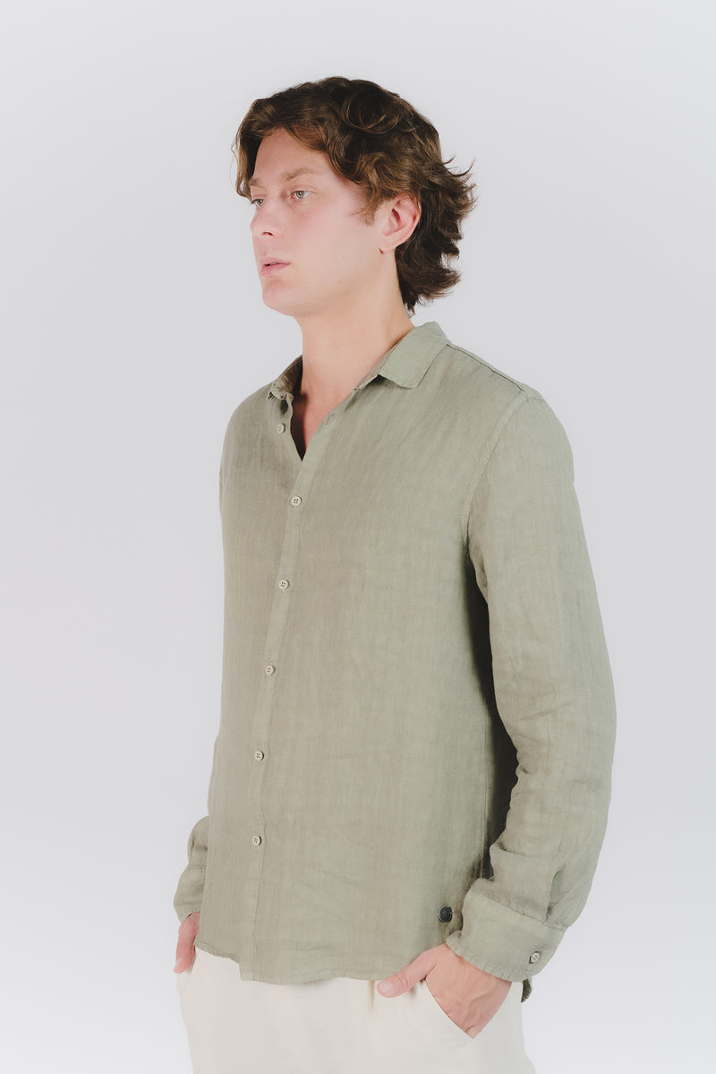 Camicia Uomo Lino Verde Militare man Barone firenze - 1