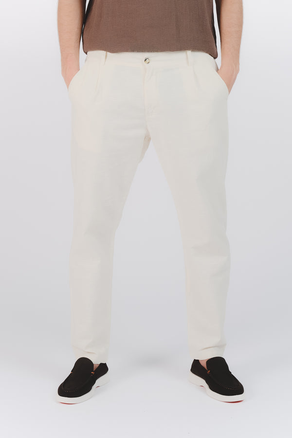 Pantaloni Lino con Bottone Panna man Barone firenze