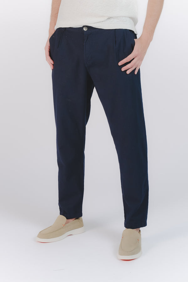 Pantaloni Lino con Bottone Blu man Barone firenze