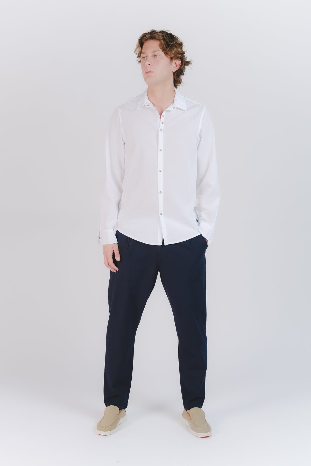 Pantaloni Lino con Bottone Blu man Barone firenze - 2