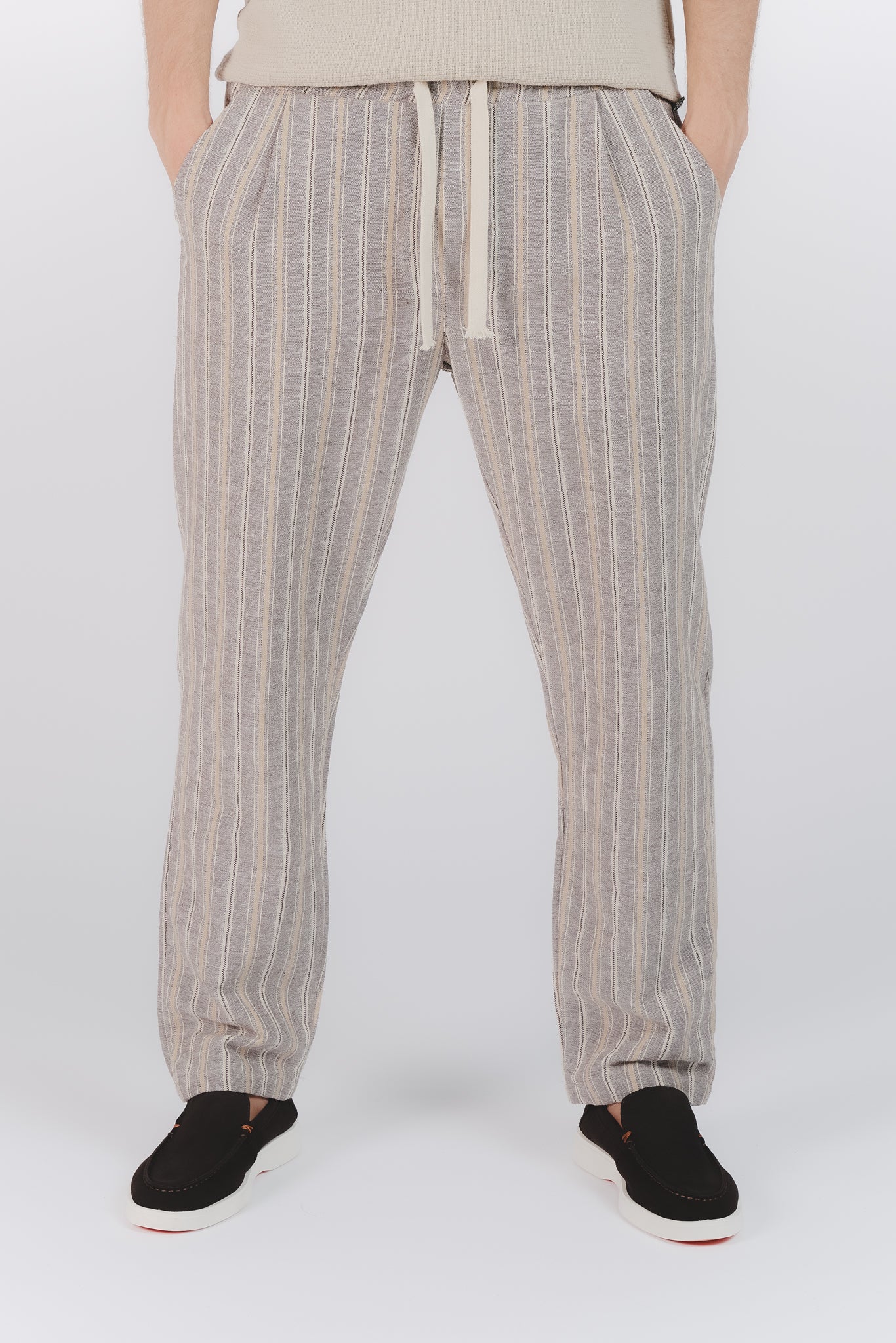 Pantaloni Misto Cotone e Lino a Righe Beige man Barone firenze - 1