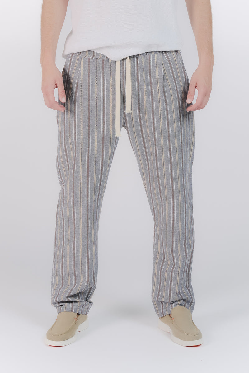 Pantaloni Misto Cotone e Lino a Righe Blu man Barone firenze - 1