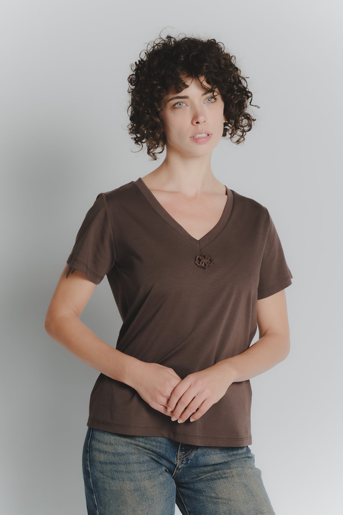 T-shirt Cioccolato con Foulard a Pois Bianco woman Barone firenze - 2