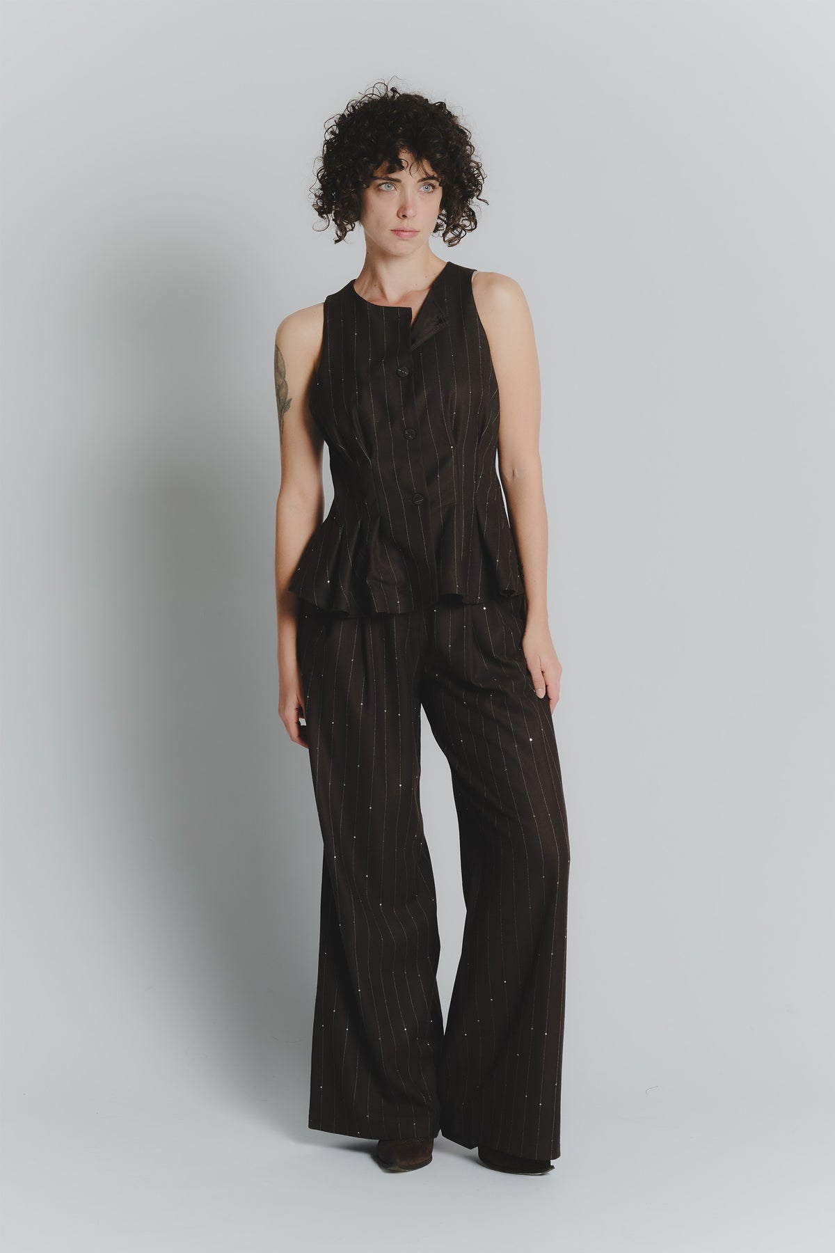 Pantalone Palazzo Gessato Cioccolato con Paillettes woman Barone firenze - 2