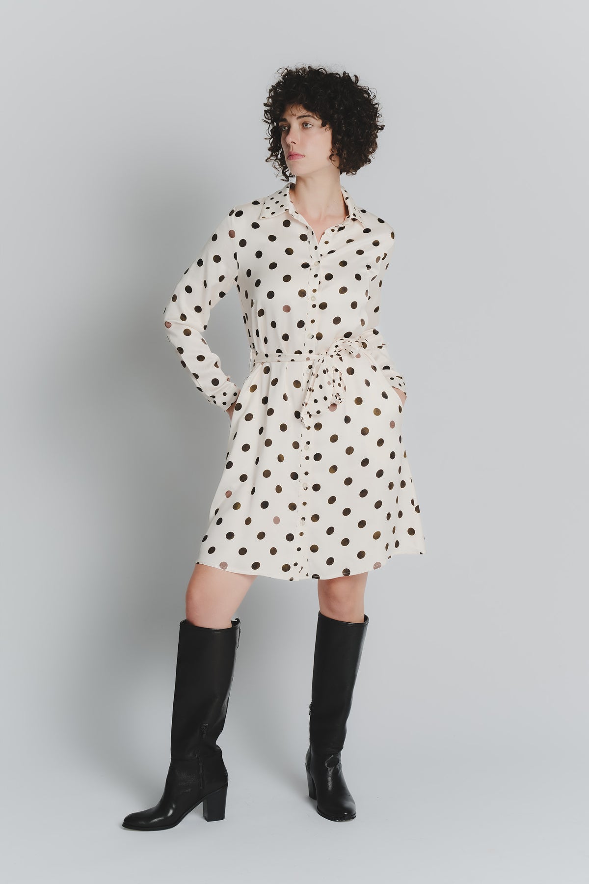Abito Chemisier Corto a Pois Avorio Testa di Moro Donna woman Barone firenze - 2