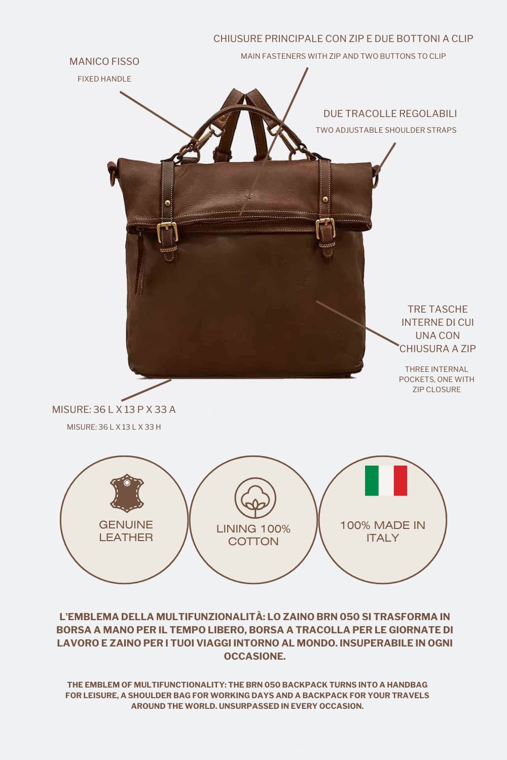 BRN - 050 Backpack in Dark Brown unisex Barone firenze - 10