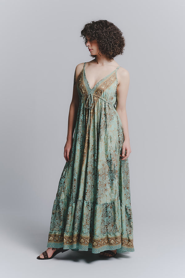 Long Turquoise Gipsy Dress with Thin Straps woman Barone firenze