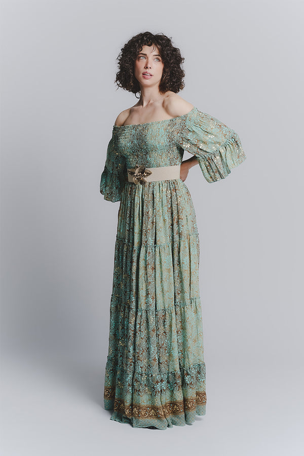 Long Gipsy Dress Turquoise Boat Neck woman Barone firenze