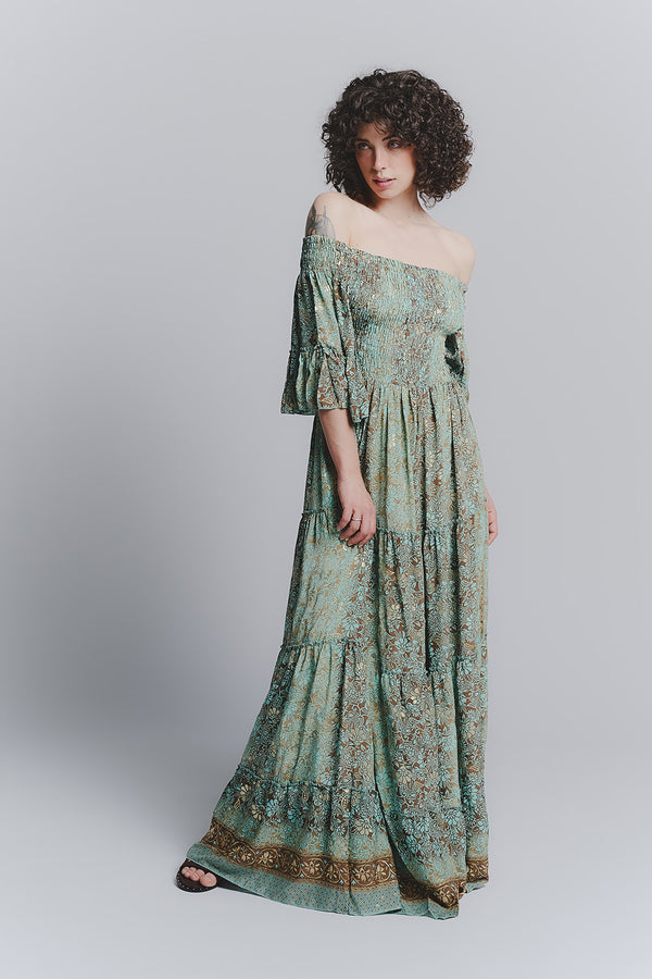 Long Gipsy Dress Turquoise Boat Neck woman Barone firenze