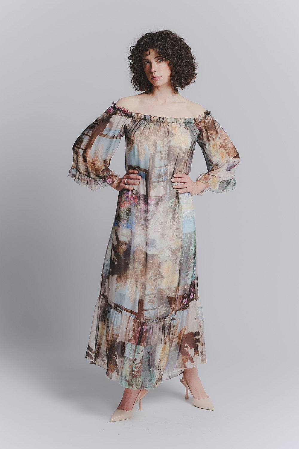Silk Long Dress Panorama with Boat Neck woman Barone firenze - 1