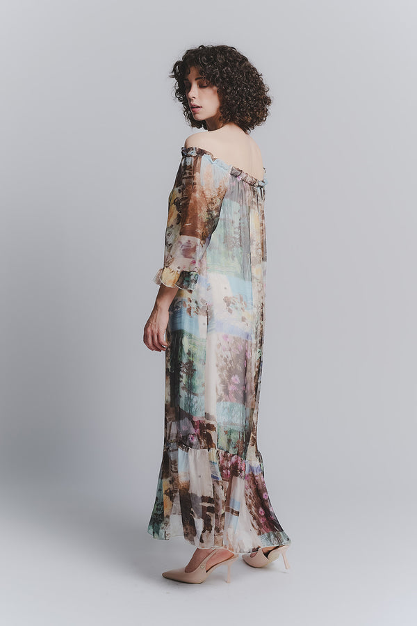 Silk Long Dress Panorama with Boat Neck woman Barone firenze
