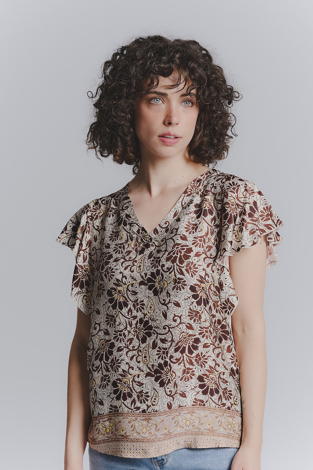 Mochaccino Ruffle Sleeve Blouse woman Barone firenze - 1