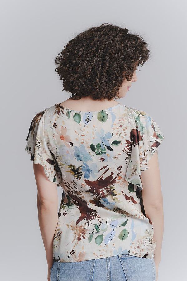 Sky Blue Floral Ruffled Sleeve Blouse woman Barone firenze