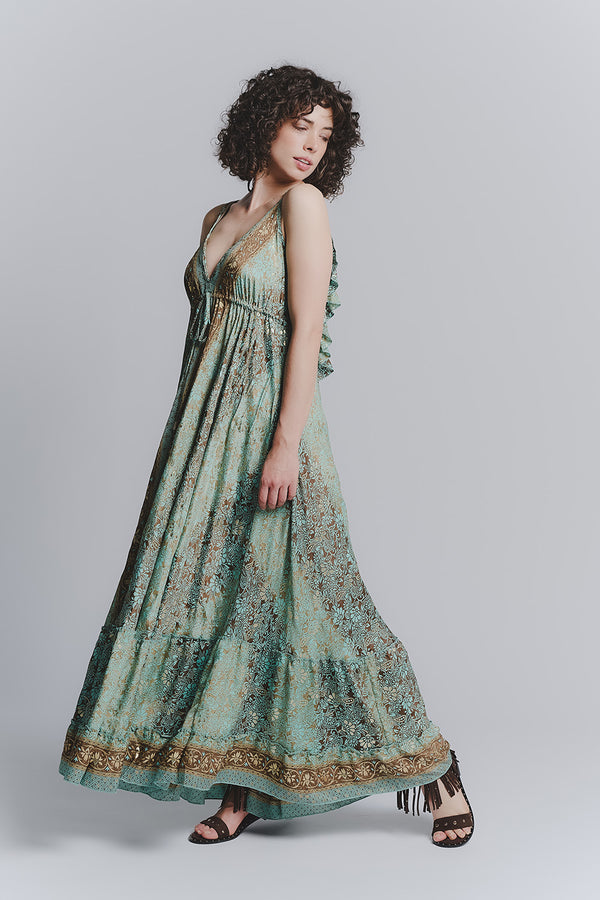 Long Turquoise Gipsy Dress with Thin Straps woman Barone firenze