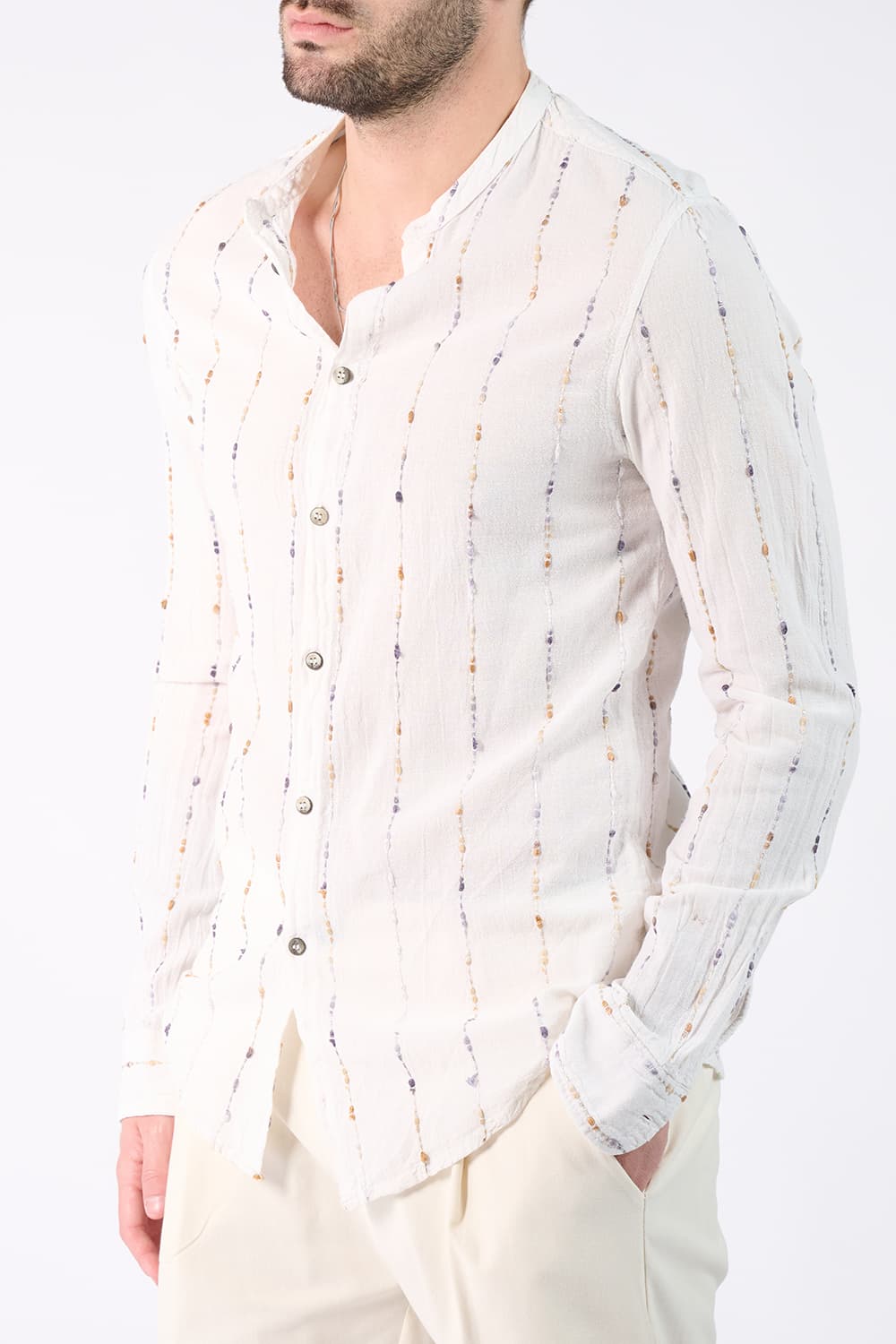 Korean Collar Shirt in Textured Cotton  Barone firenze - 1