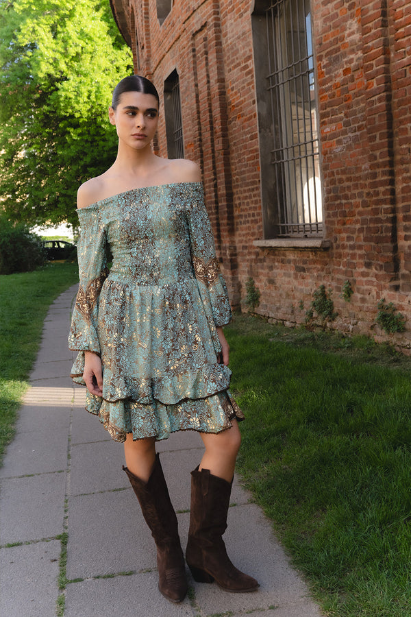 Short Gipsy Dress Turquoise Boat Neck woman Barone firenze