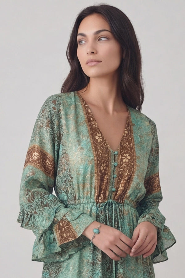 Abito Lungo Gipsy con Bottoncini Turchese woman Barone firenze