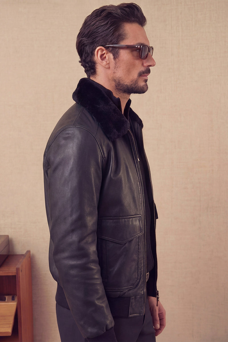 Aviator Black Leather Jacket man Barone firenze - 8