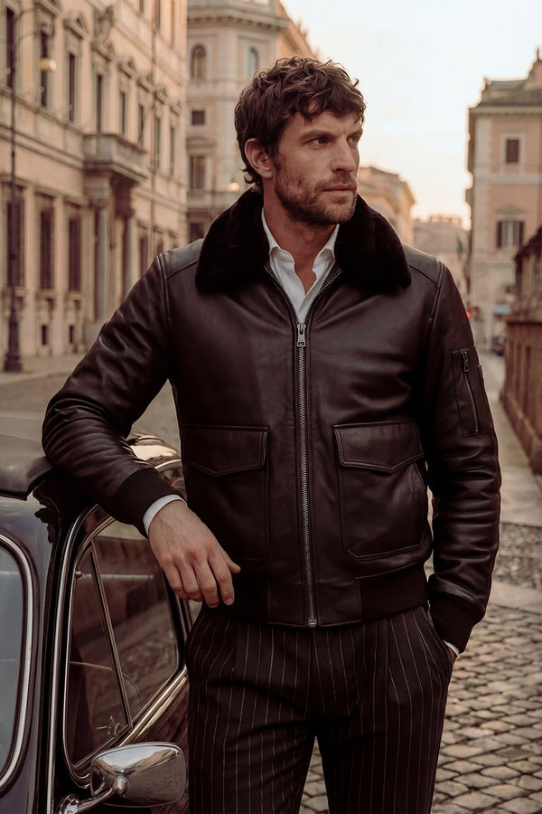 Aviator Black Leather Jacket uomo Barone firenze