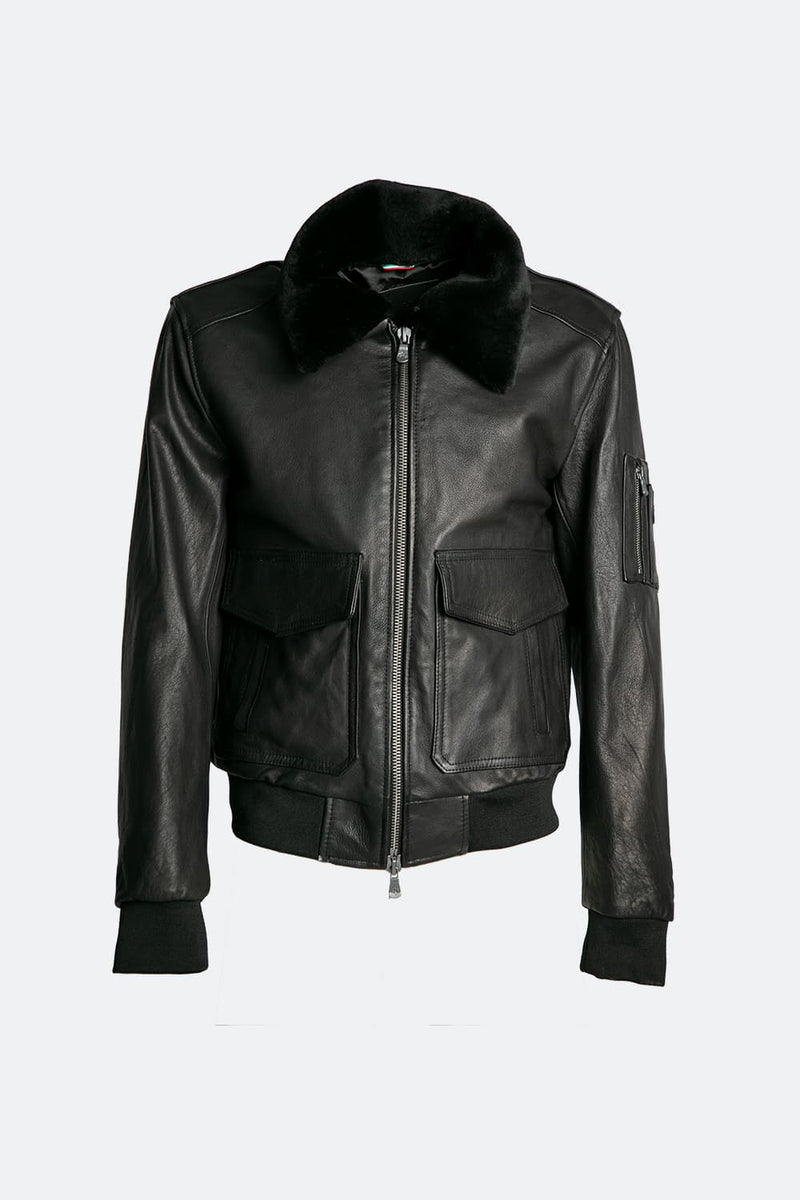 Aviator Black Leather Jacket man Barone firenze - 2