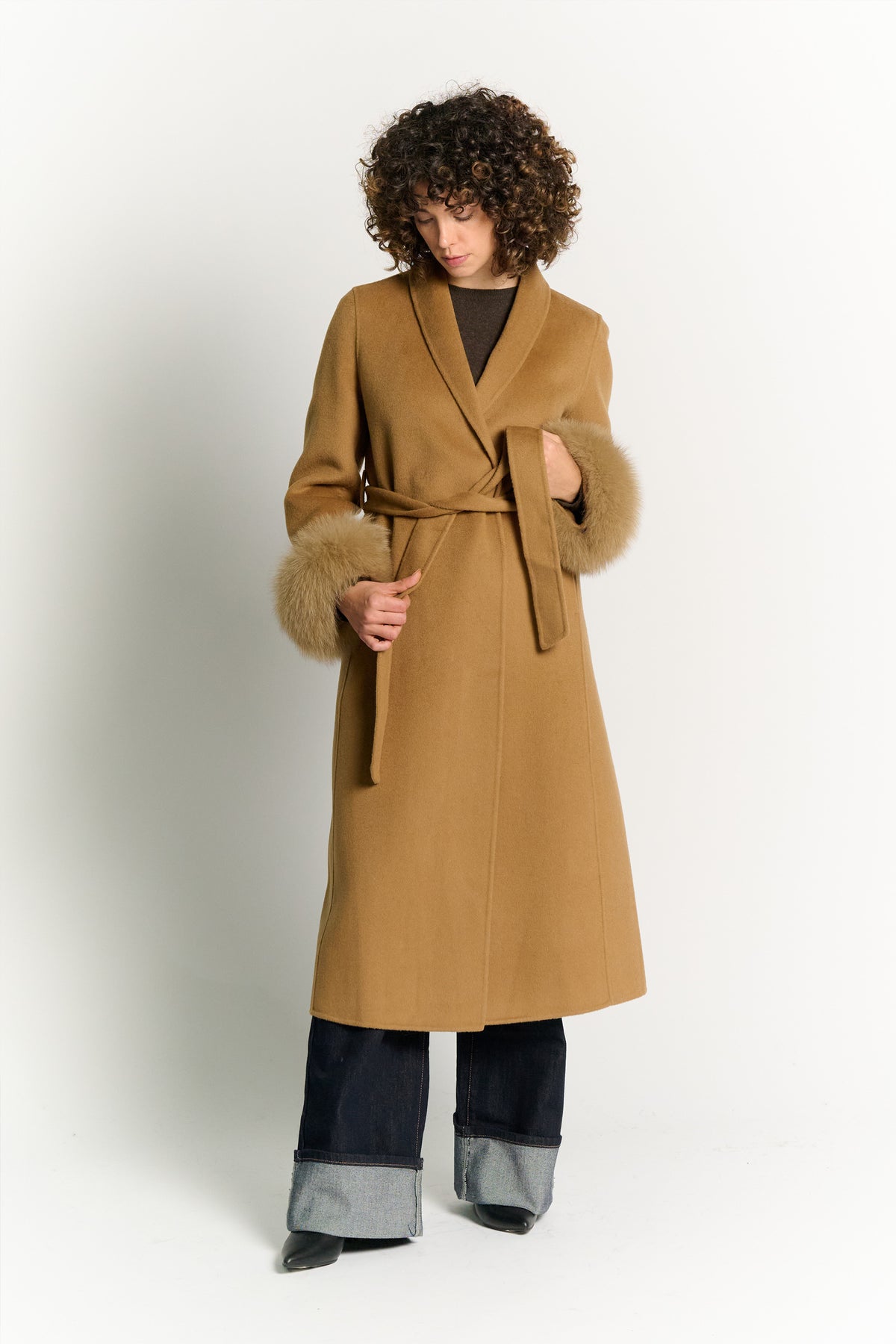 Cappotto Lungo Con Cintura e Manicotti Cammello woman Barone firenze - 1