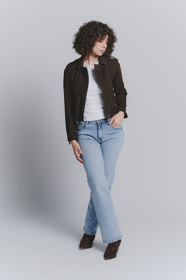 Women's Suede Biker Jacket Dark Brown woman Barone firenze