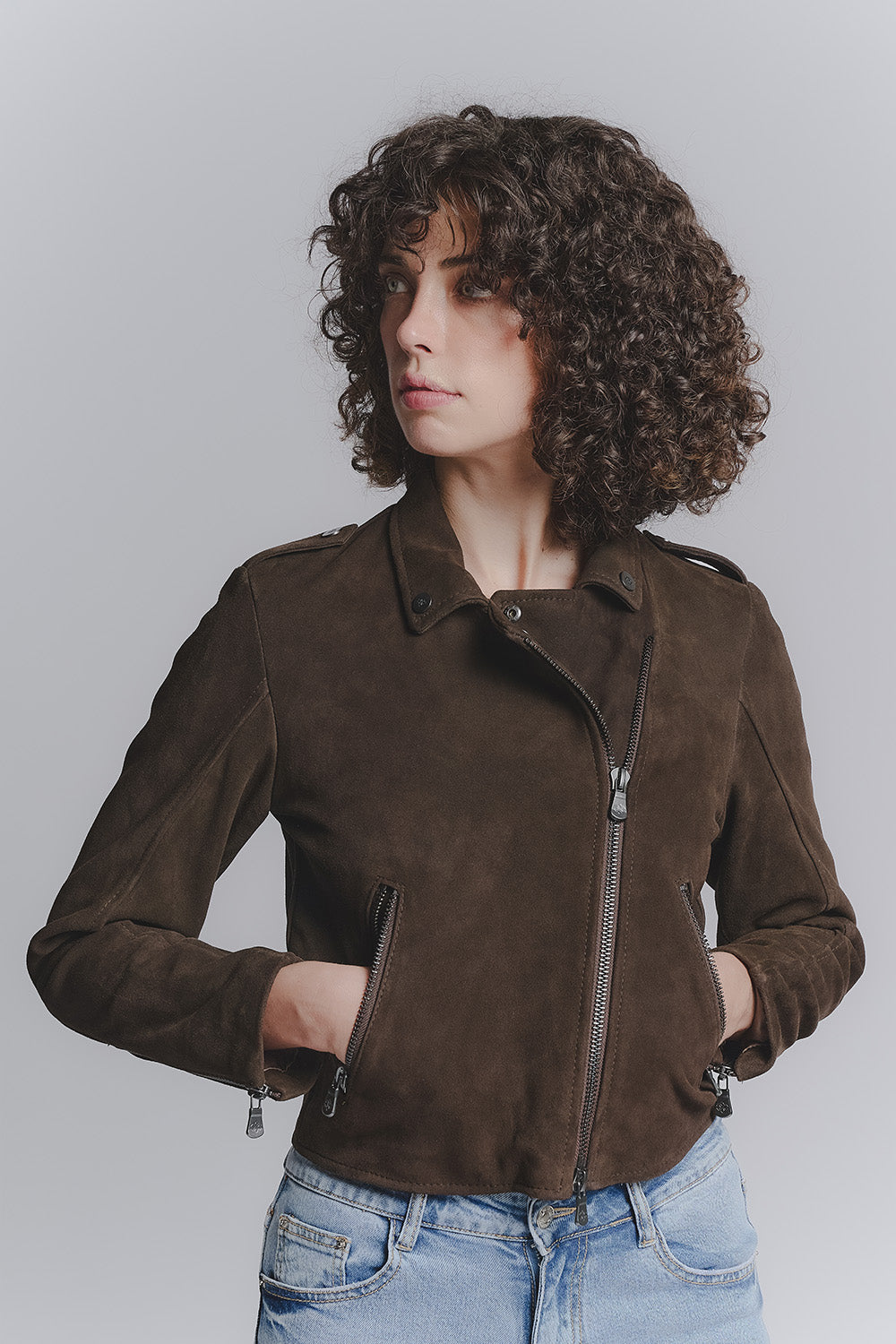 Women's Suede Biker Jacket Dark Brown woman Barone firenze - 1