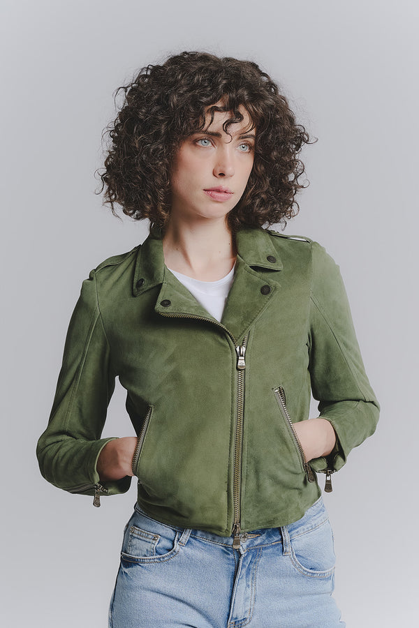 Women's Nail Biker Jacket Green Suede woman Barone firenze