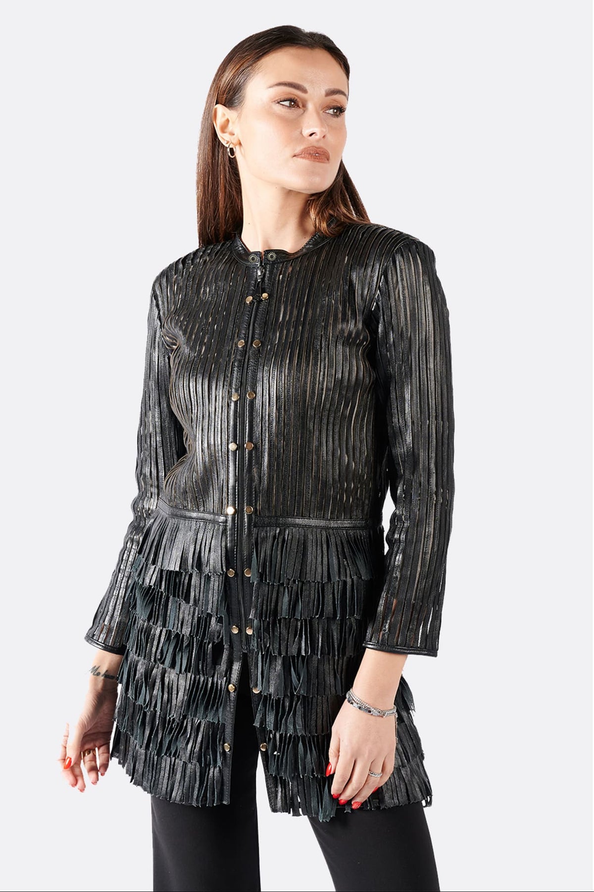 Fringed Jacket with Studs and Zip woman Barone firenze - 3