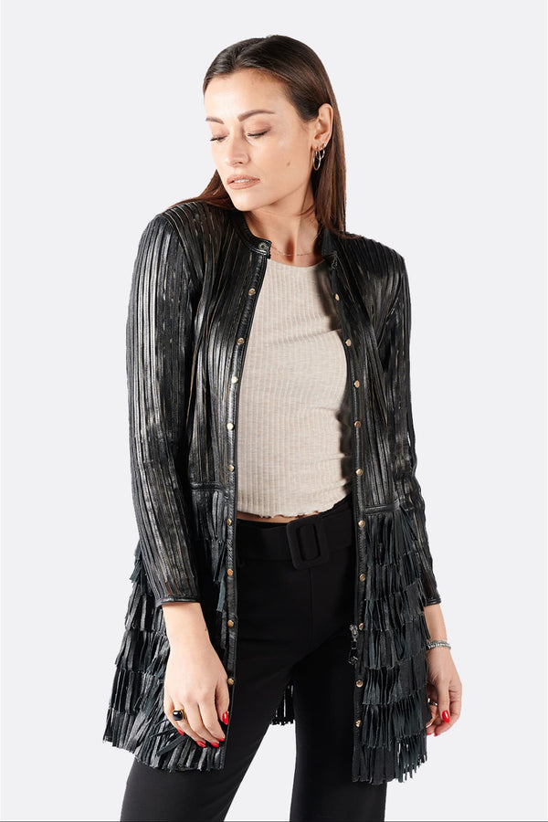 Fringed Jacket with Studs and Zip donna Barone firenze