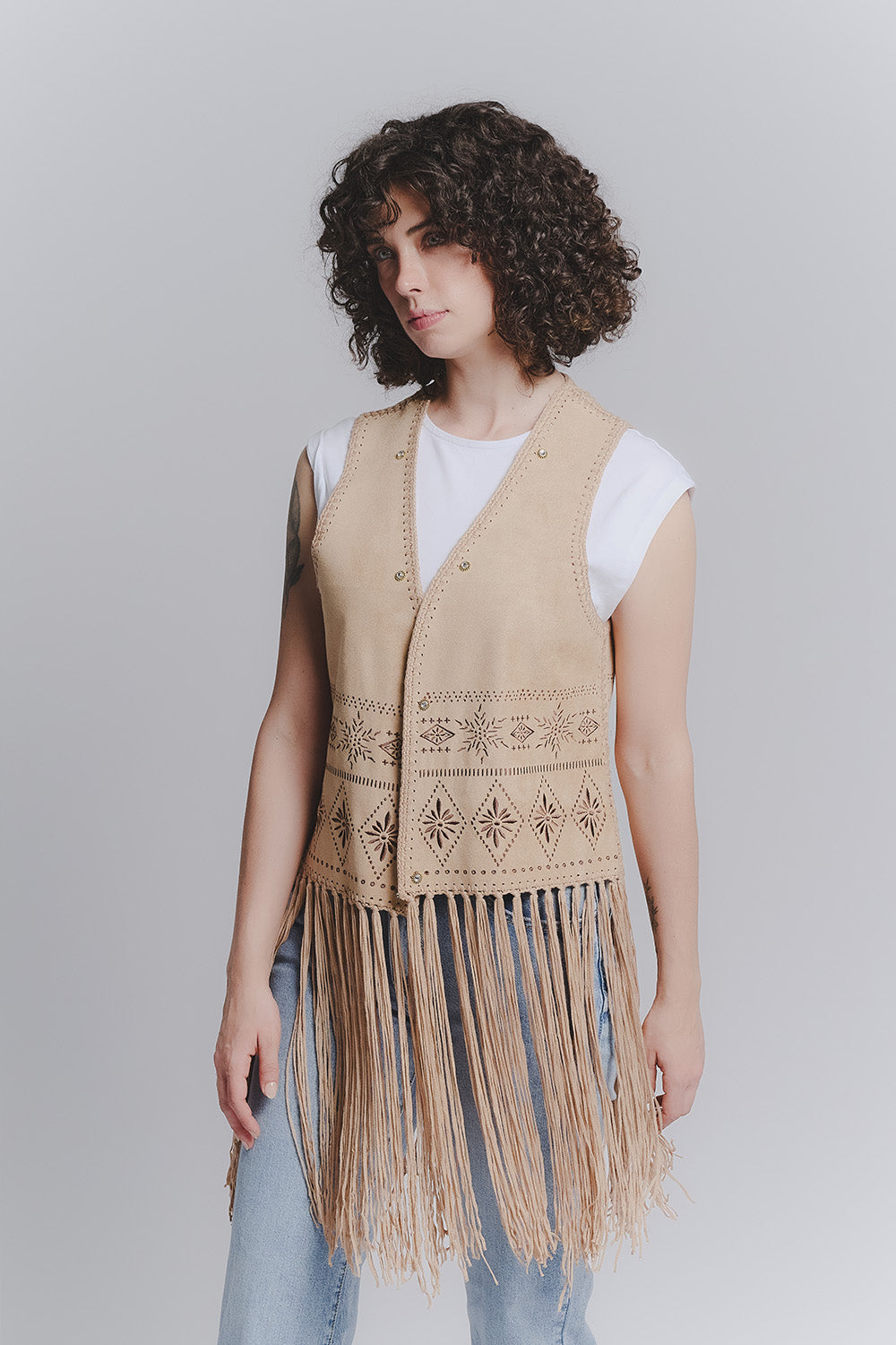 Embroidered Leather Vest Tan woman Barone firenze - 1