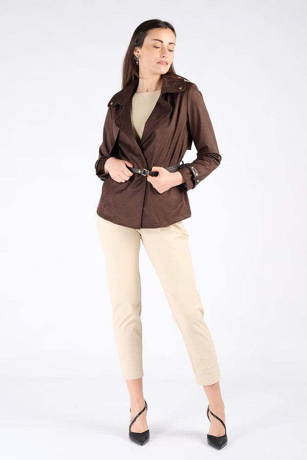 Short Alcantara Trench Coat in Dark Brown woman Barone firenze