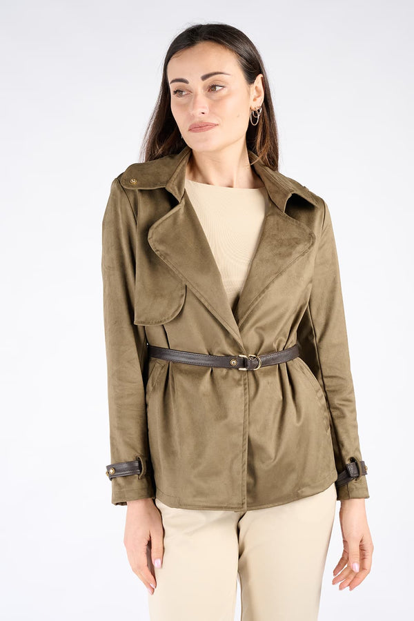 Short Alcantara Trench Coat in Green woman Barone firenze